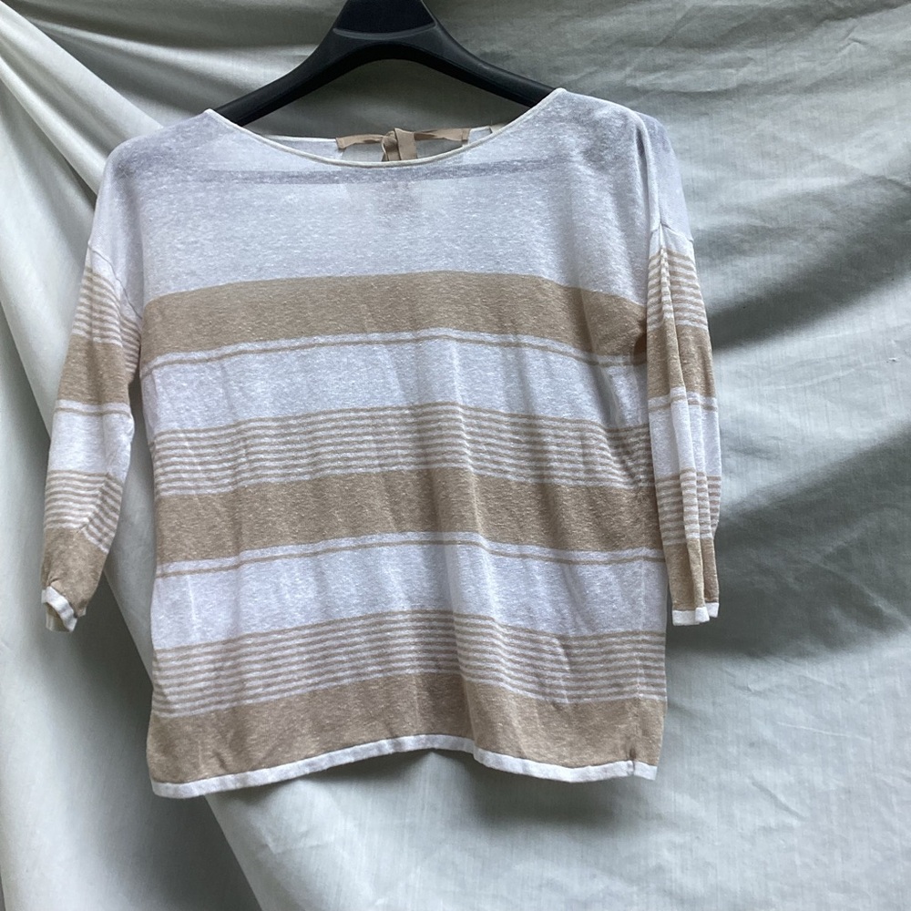 Loft white tan linen striped sheer lightweight top 3/4 length sleeves, size S